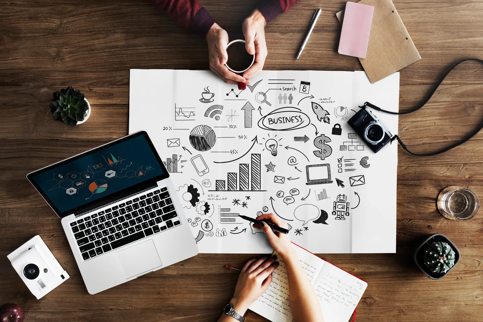 Mesa de madeira vista de cima, com um notebook, uma câmera e um papel grande coberto de gráficos e anotações de marketing feitos à mão