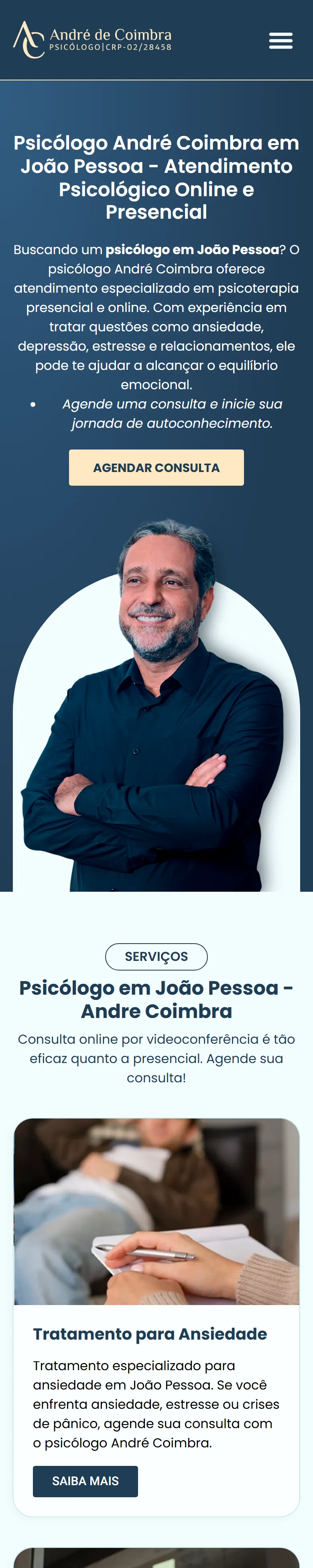 Página inicial do site de André de Coimbra no celular: psicólogo em João Pessoa e botão para agendar consulta