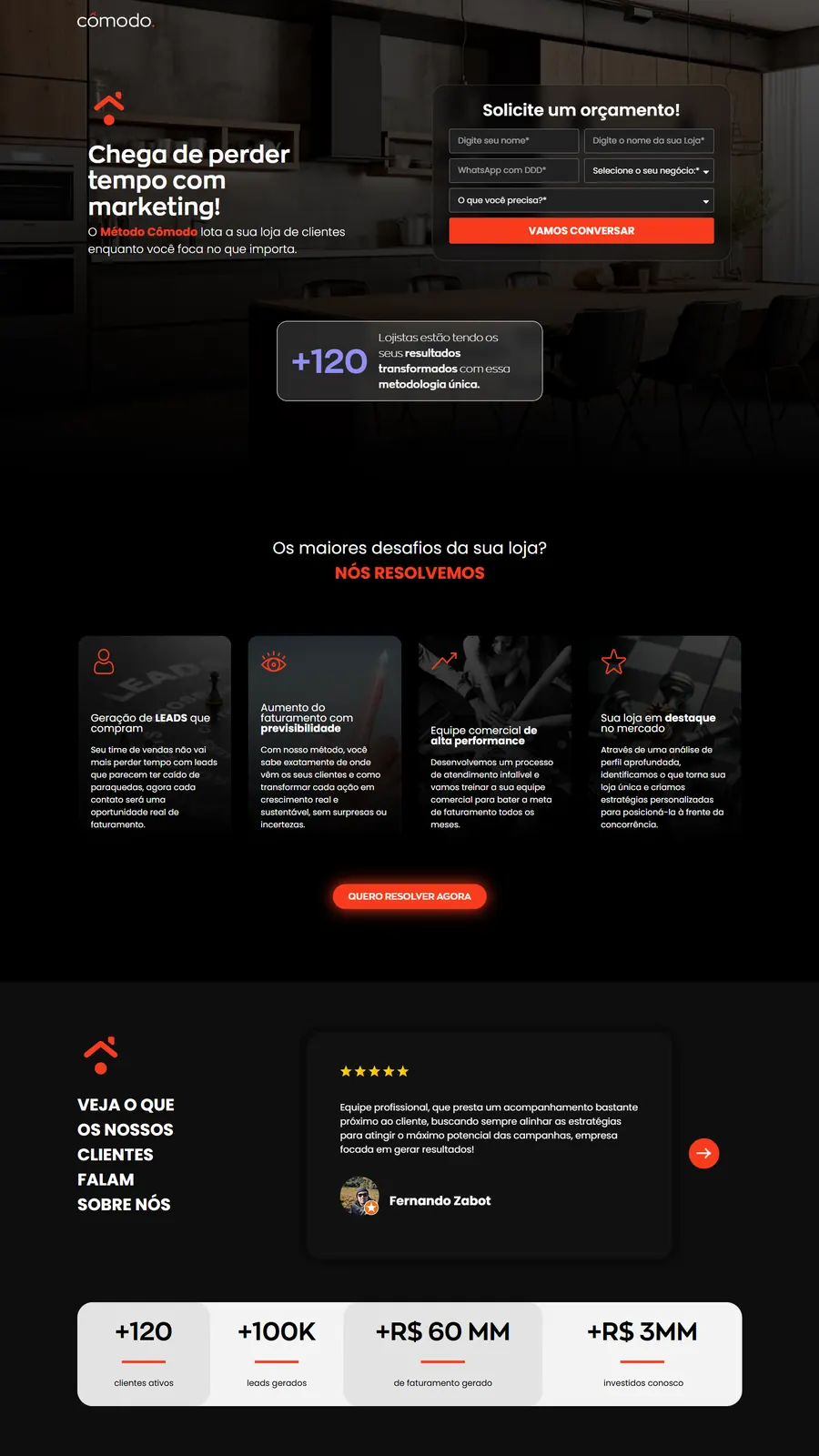 Rolagem da landing page da Cômodo: formulário de orçamento e os desafios que o método resolve