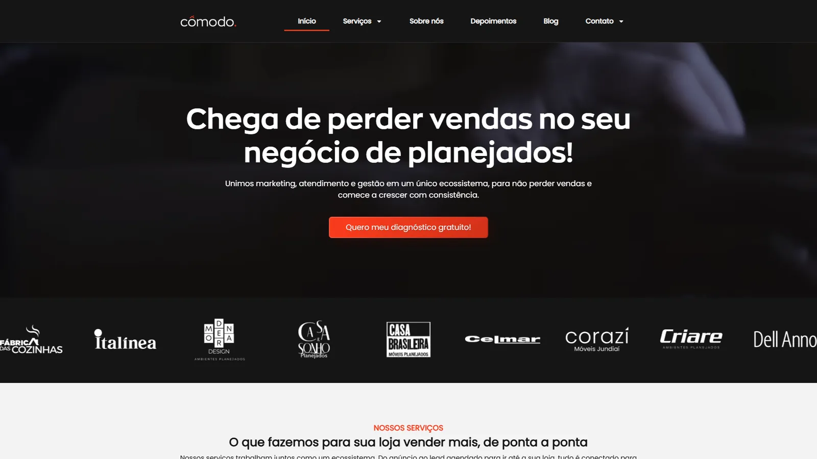 Home do site da Cômodo, com a chamada “Chega de perder vendas no seu negócio de planejados!”