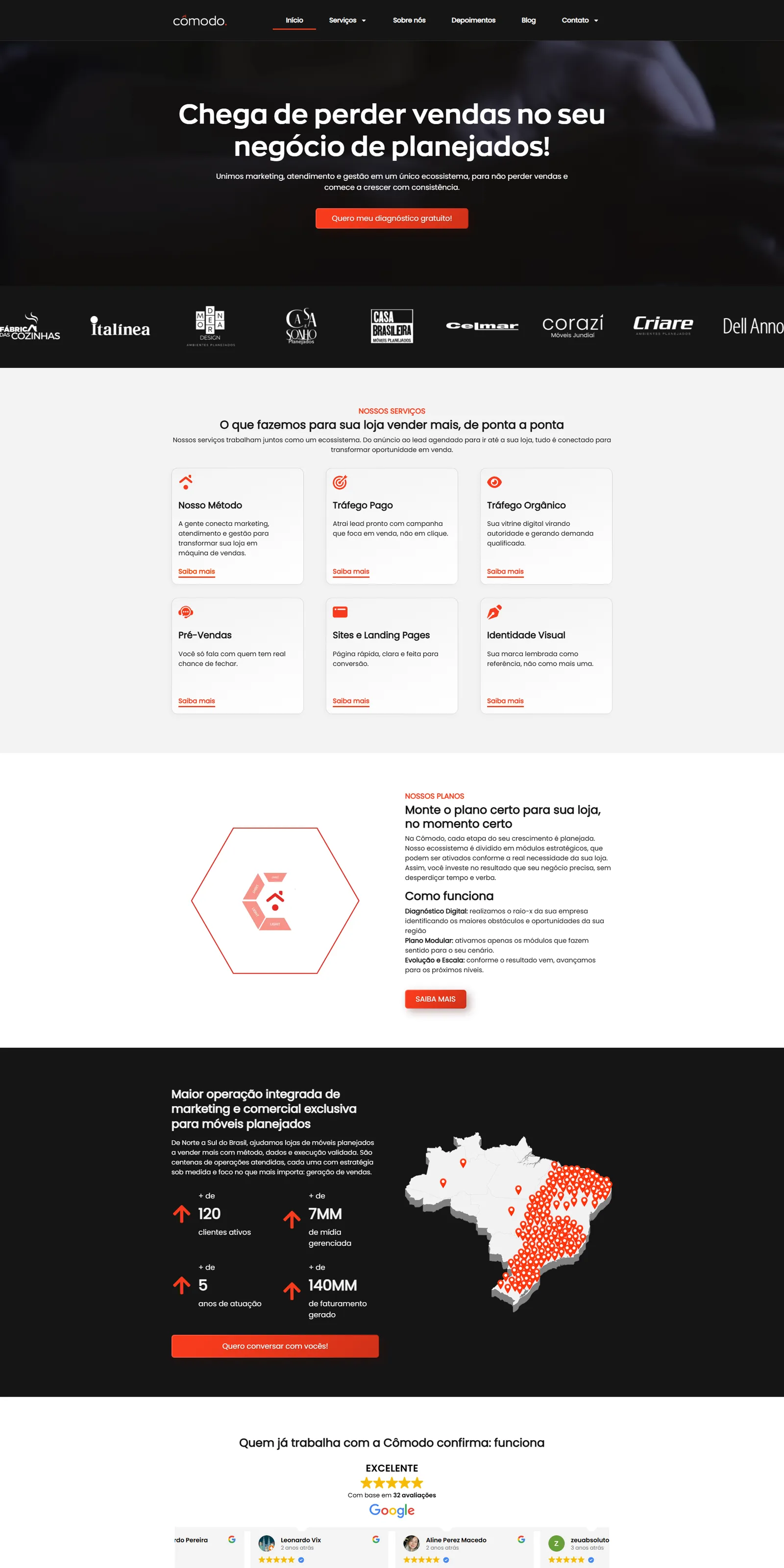 Site da Cômodo no computador: marketing para lojas de móveis planejados, logos de clientes e serviços
