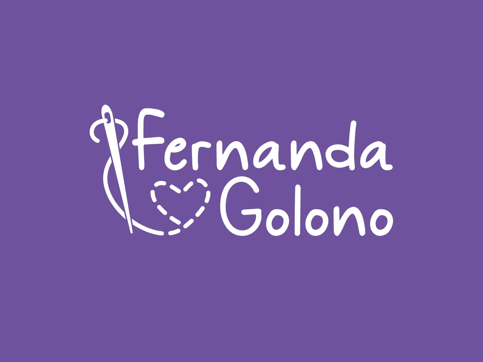Marca Fernanda Golono em branco, com uma agulha e a linha formando um coração, sobre fundo roxo