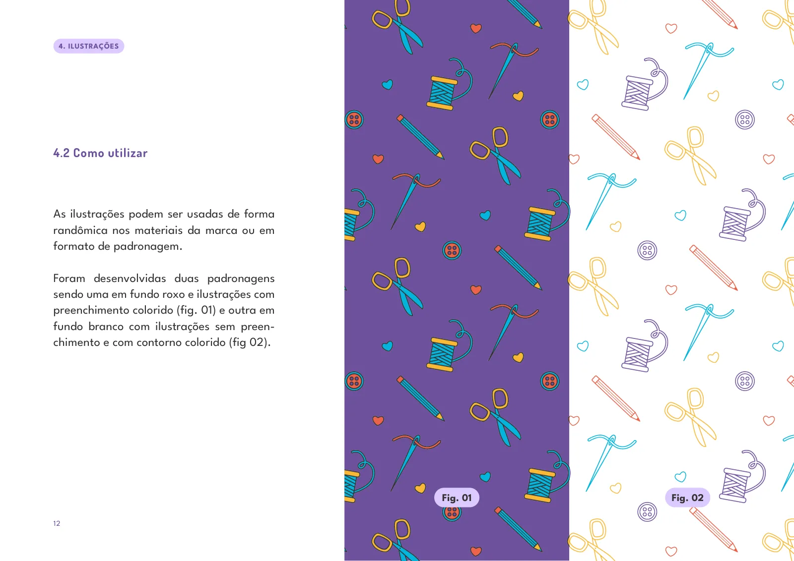 Manual de identidade visual de Fernanda Golono: a padronagem com ilustrações de costura
