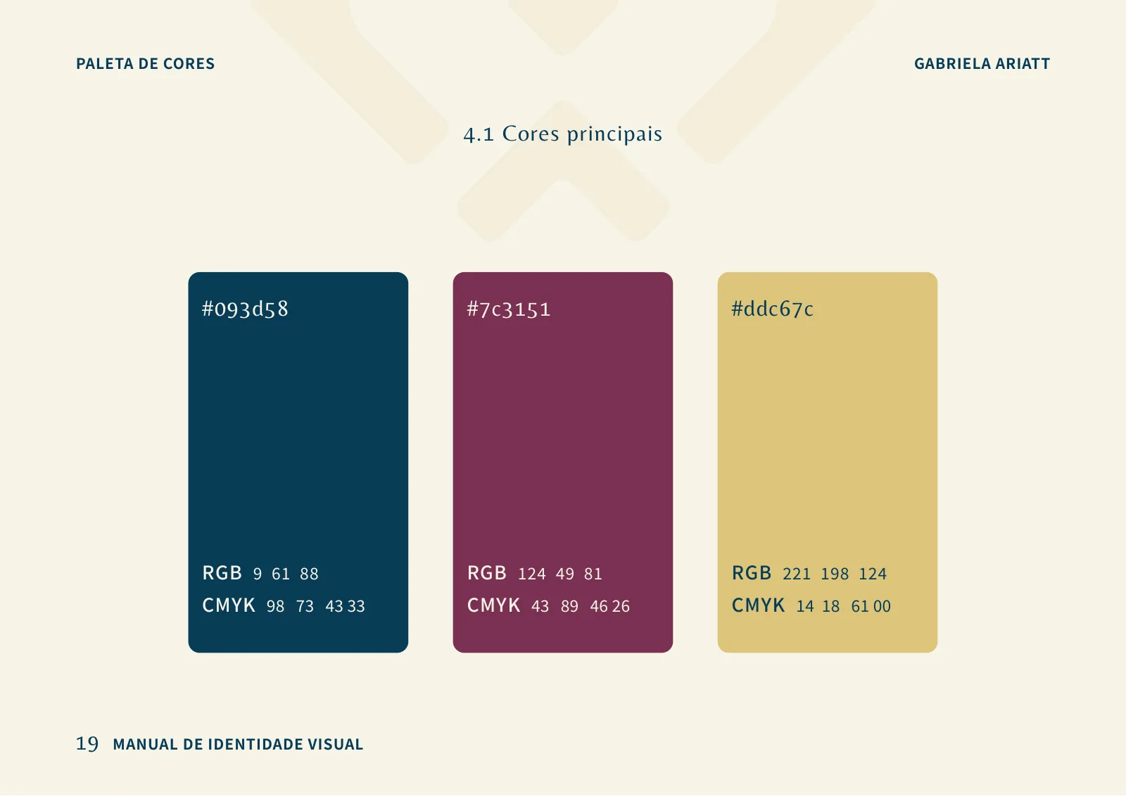 Manual de identidade visual de Gabriela Ariatt: as cores principais