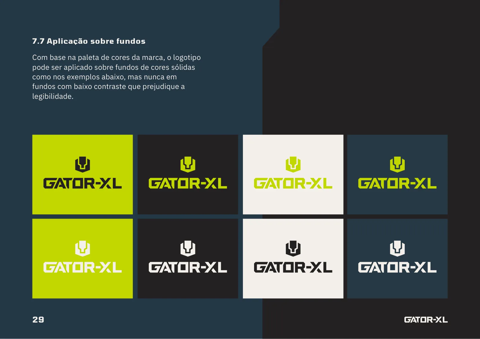 Brandbook do Gator-XL: o logotipo aplicado sobre fundos
