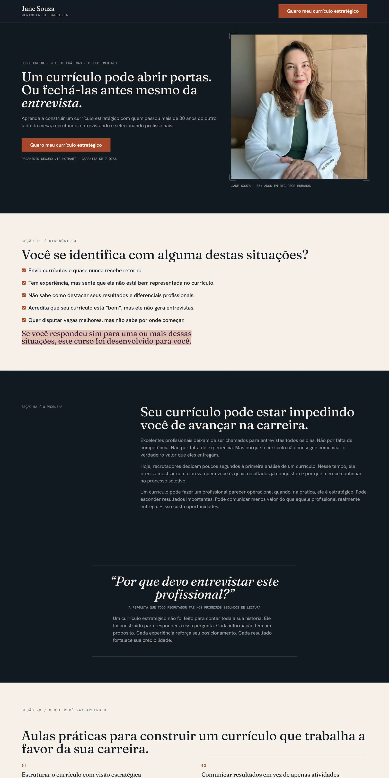 Landing page do curso de Jane Souza no computador: título sobre currículo estratégico, foto da mentora e botão de inscrição