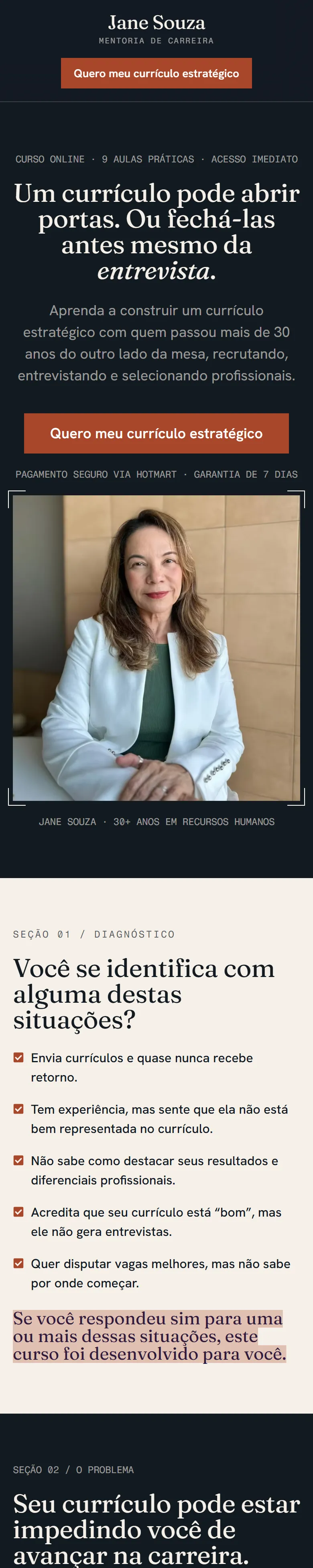 Landing page do curso de Jane Souza no celular, com o título, a foto e o botão de inscrição empilhados
