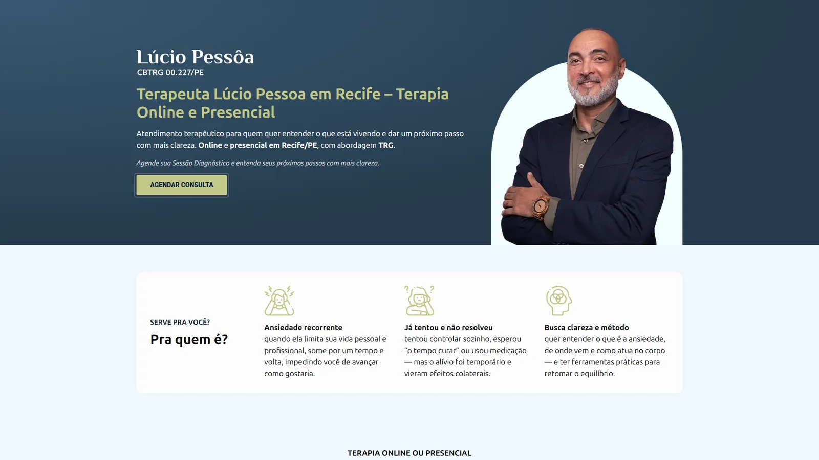 Landing page do terapeuta Lúcio Pessôa, com foto dele e botão de agendar consulta
