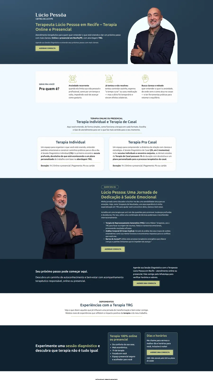 Rolagem da landing page de Lúcio Pessôa: para quem é a terapia e os formatos individual e de casal