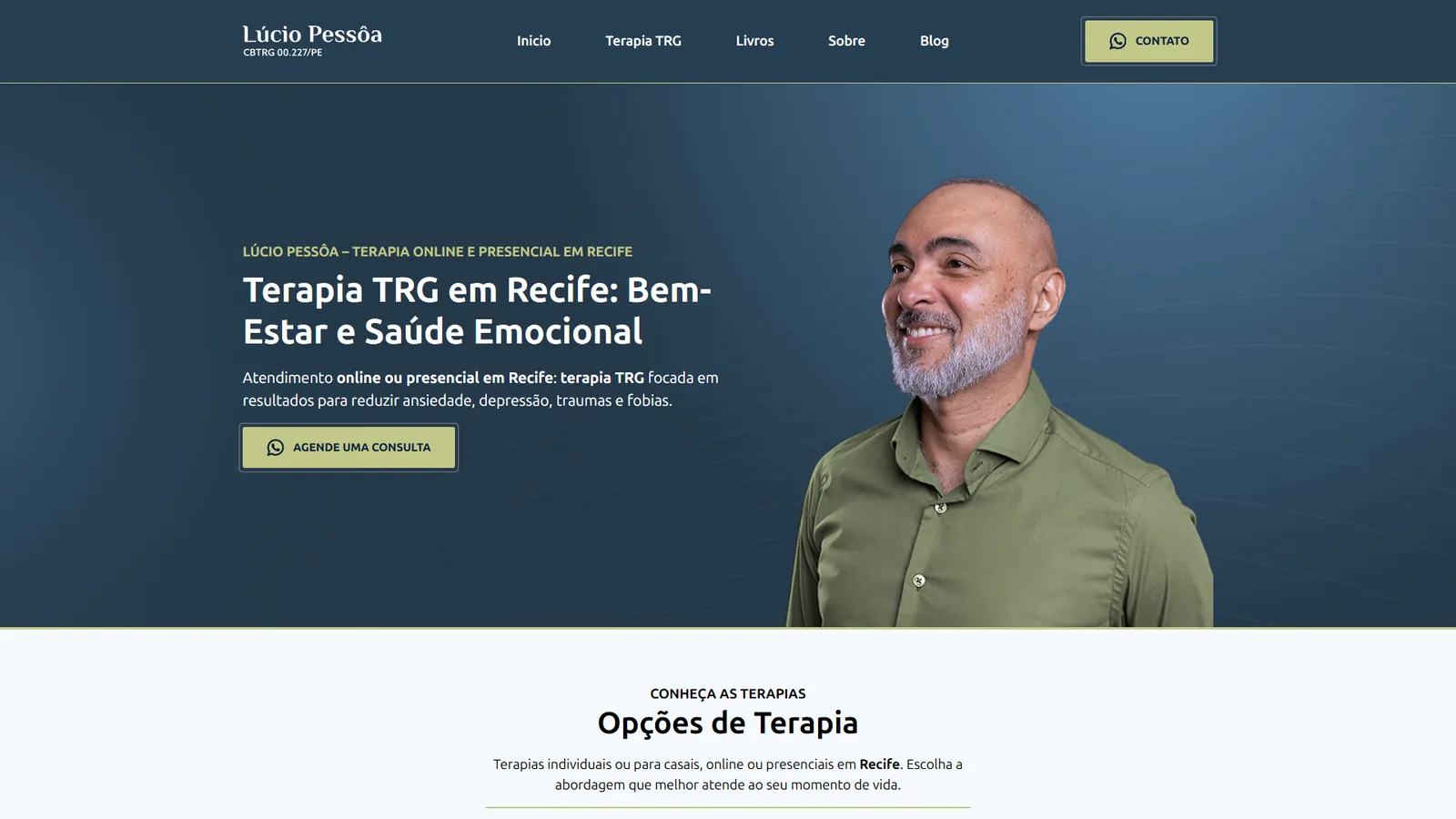 Home do site do terapeuta Lúcio Pessôa, com a chamada “Terapia TRG em Recife”