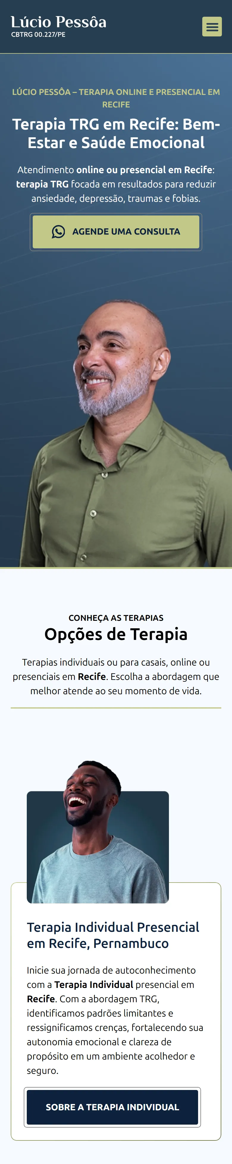 Página inicial do site de Lúcio Pessôa no celular: terapia TRG em Recife e botão para agendar consulta