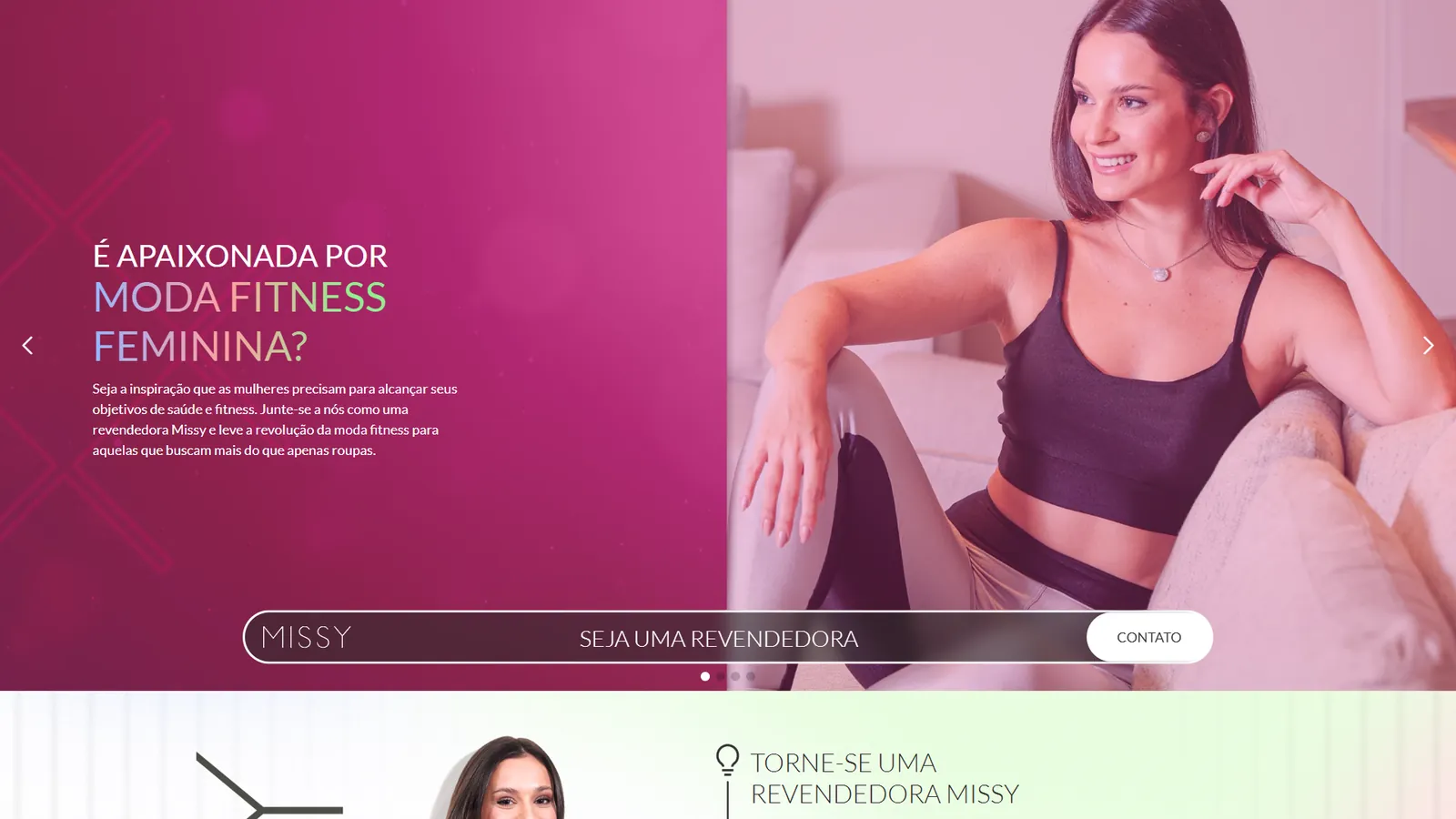 Landing page da Missy convidando a revender moda fitness feminina