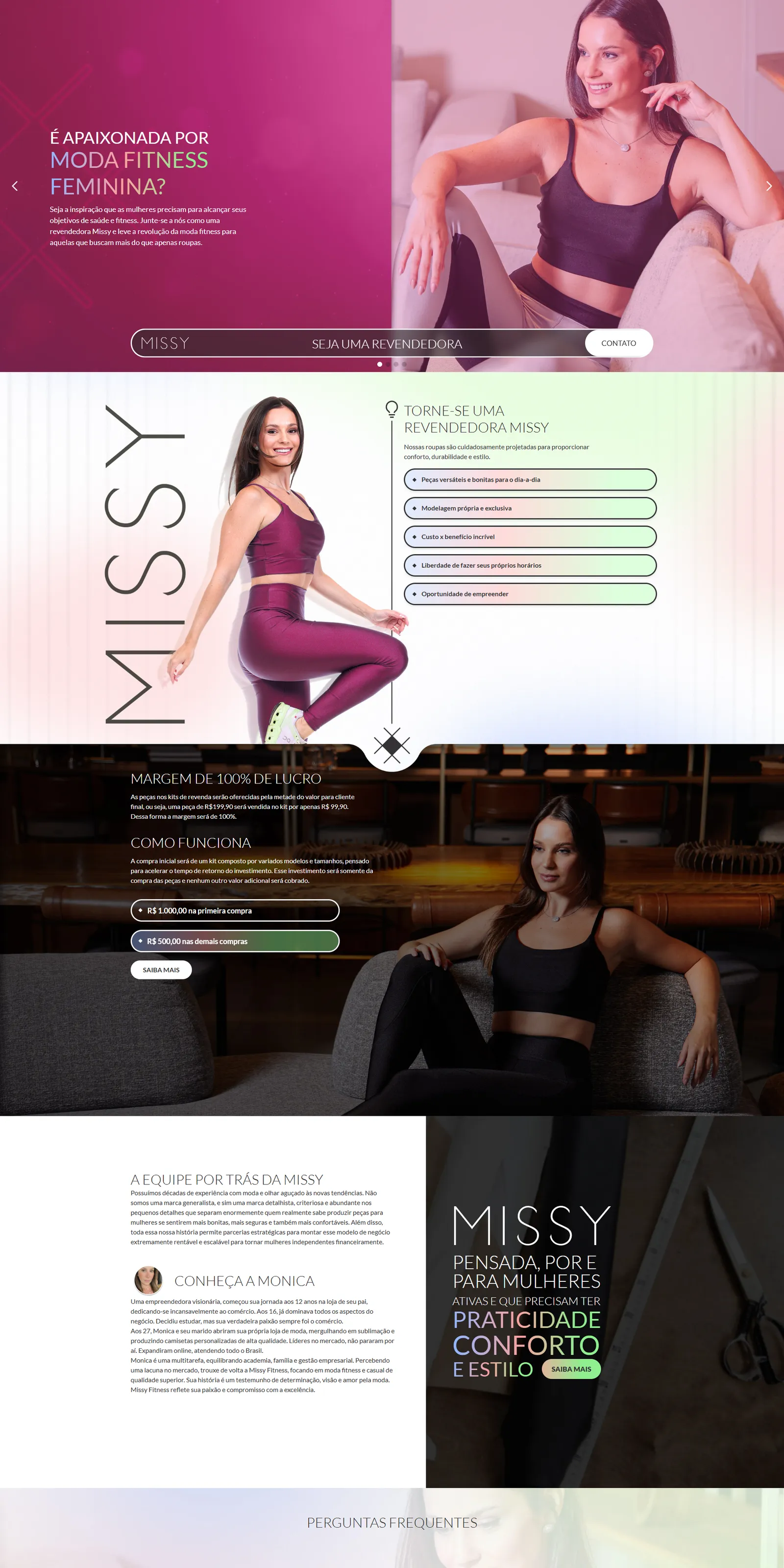 Landing page da Missy no computador: convite para revendedoras de moda fitness feminina