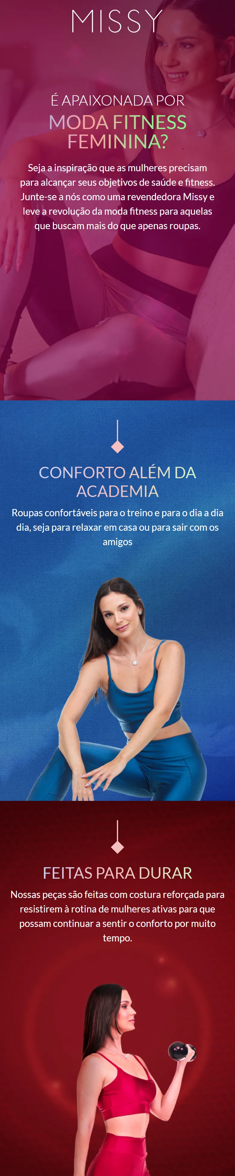 Landing page da Missy no celular: pergunta se a visitante é apaixonada por moda fitness feminina e convida para revender