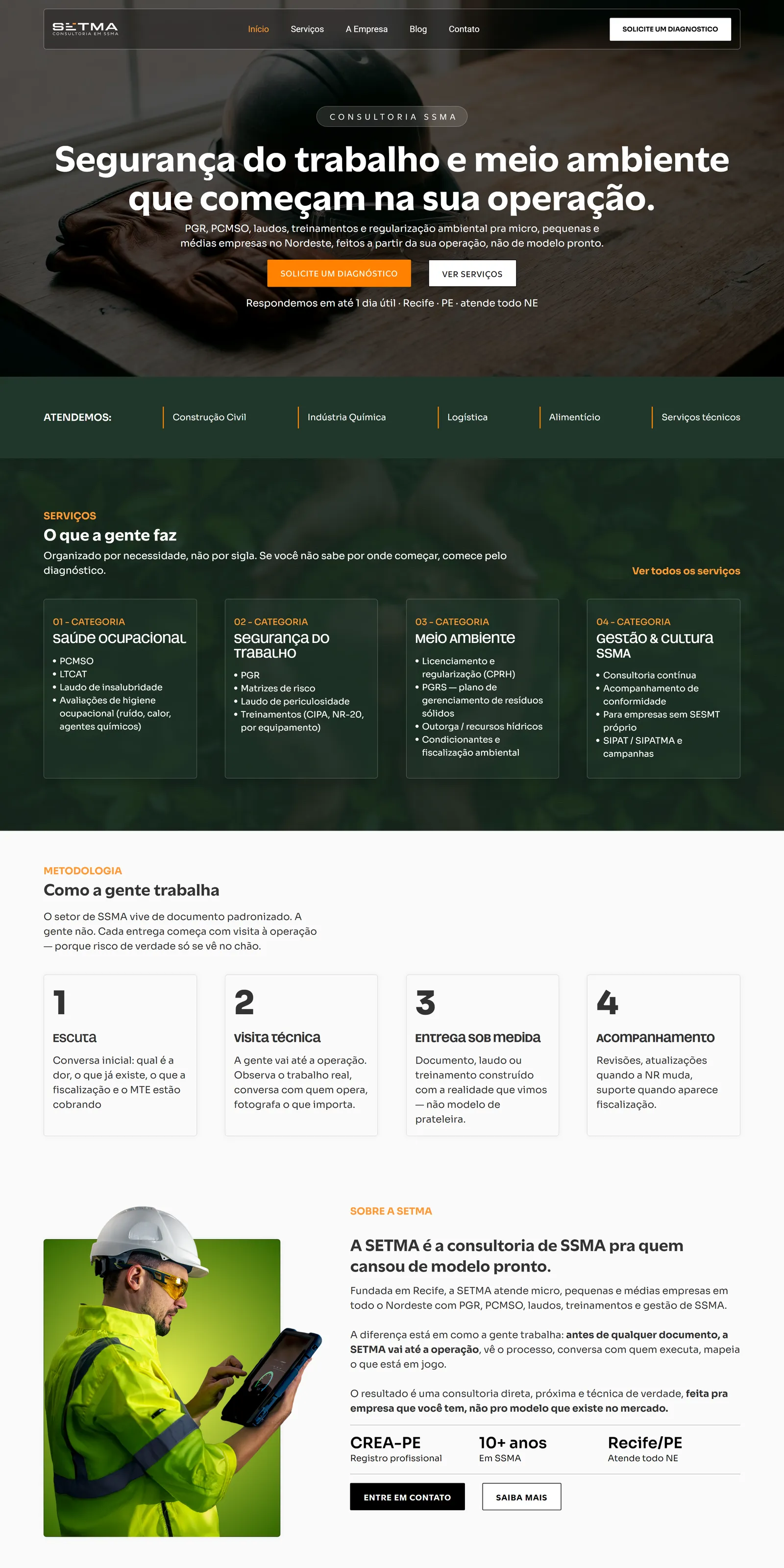 Site da SETMA no computador: consultoria em segurança do trabalho e meio ambiente, serviços e metodologia