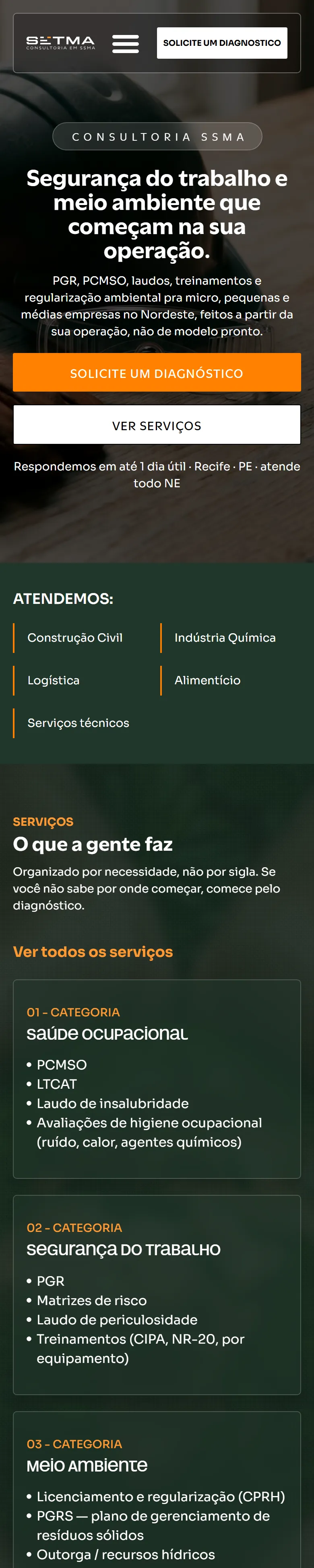Site da SETMA no celular: consultoria SSMA e botão para solicitar diagnóstico