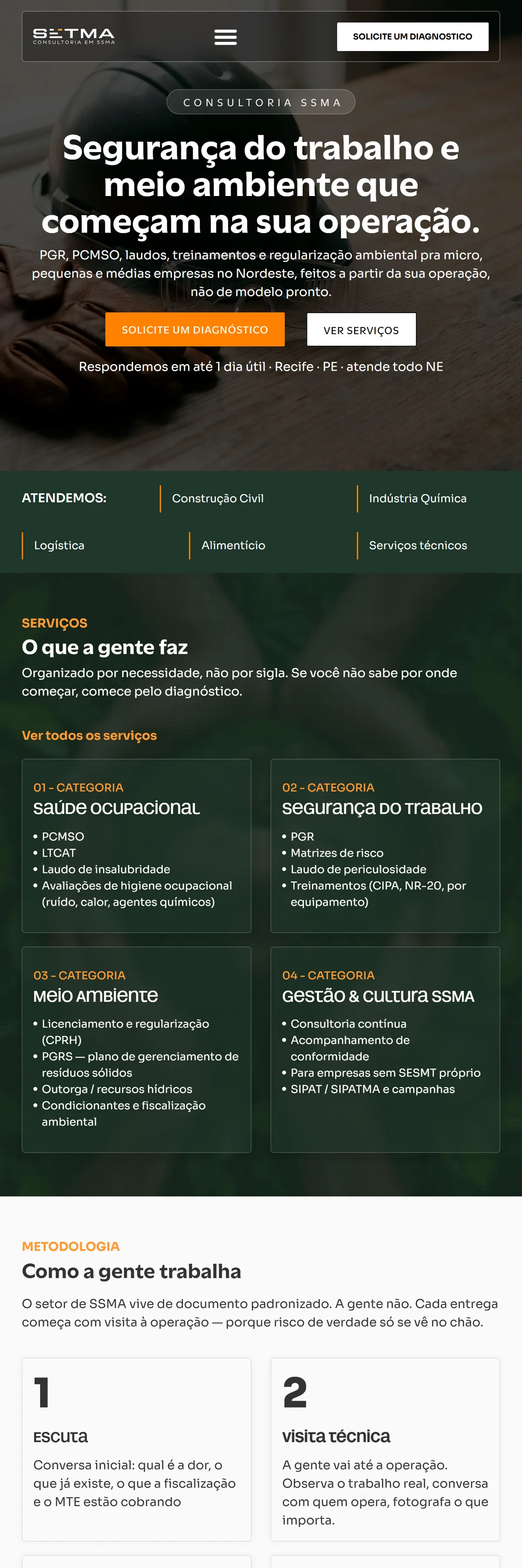 Site da SETMA no tablet: segurança do trabalho e meio ambiente, botão para solicitar diagnóstico e categorias de serviço
