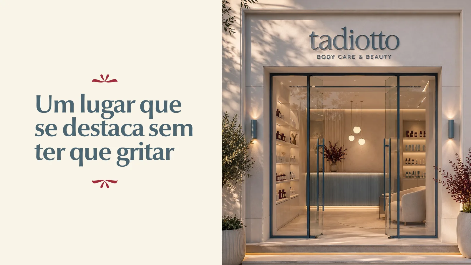 Apresentação da identidade visual da Tadiotto, slide 3 de 11: fachada do estúdio com a marca