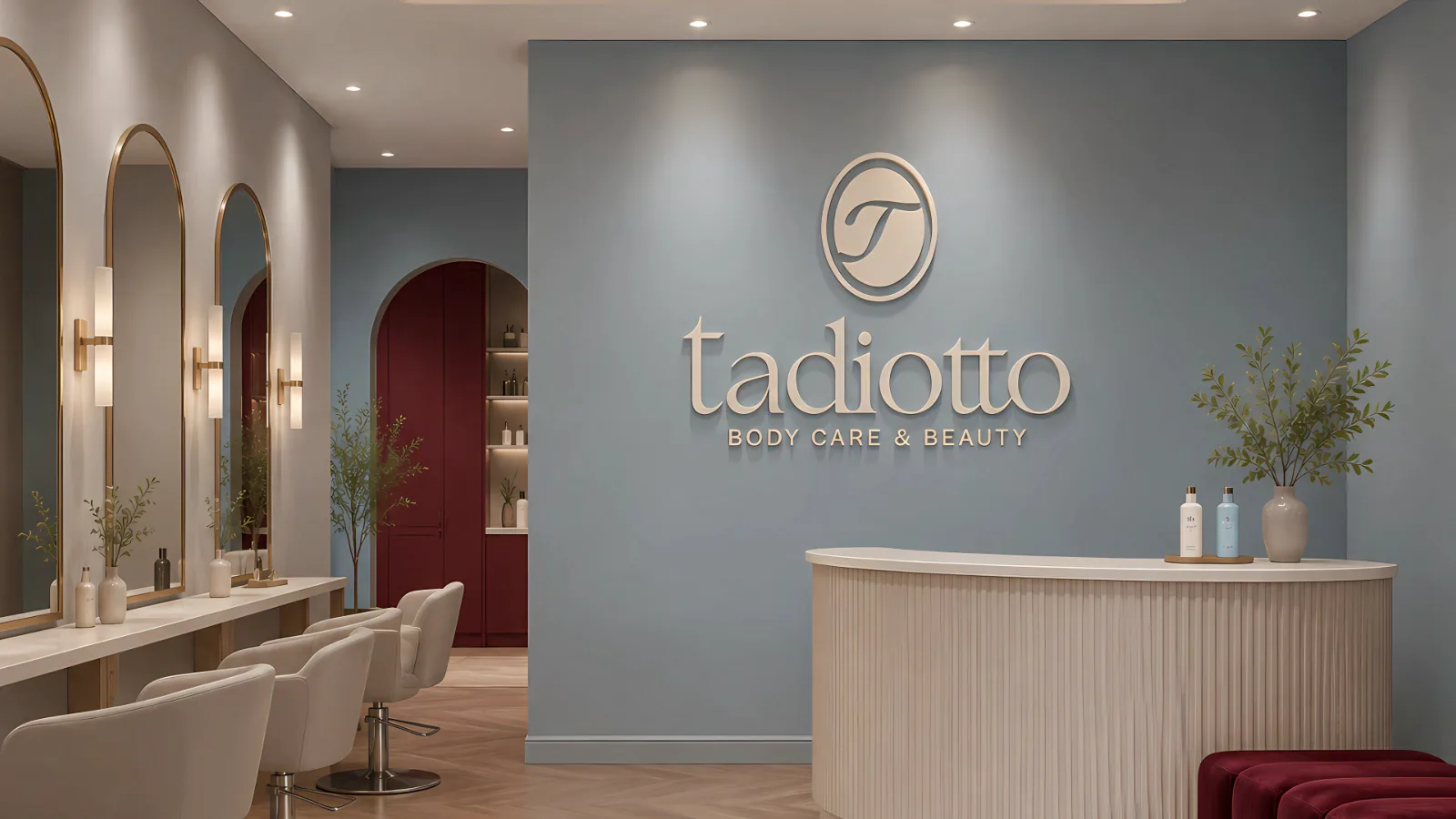 Apresentação da identidade visual da Tadiotto, slide 4 de 11: recepção com a marca na parede