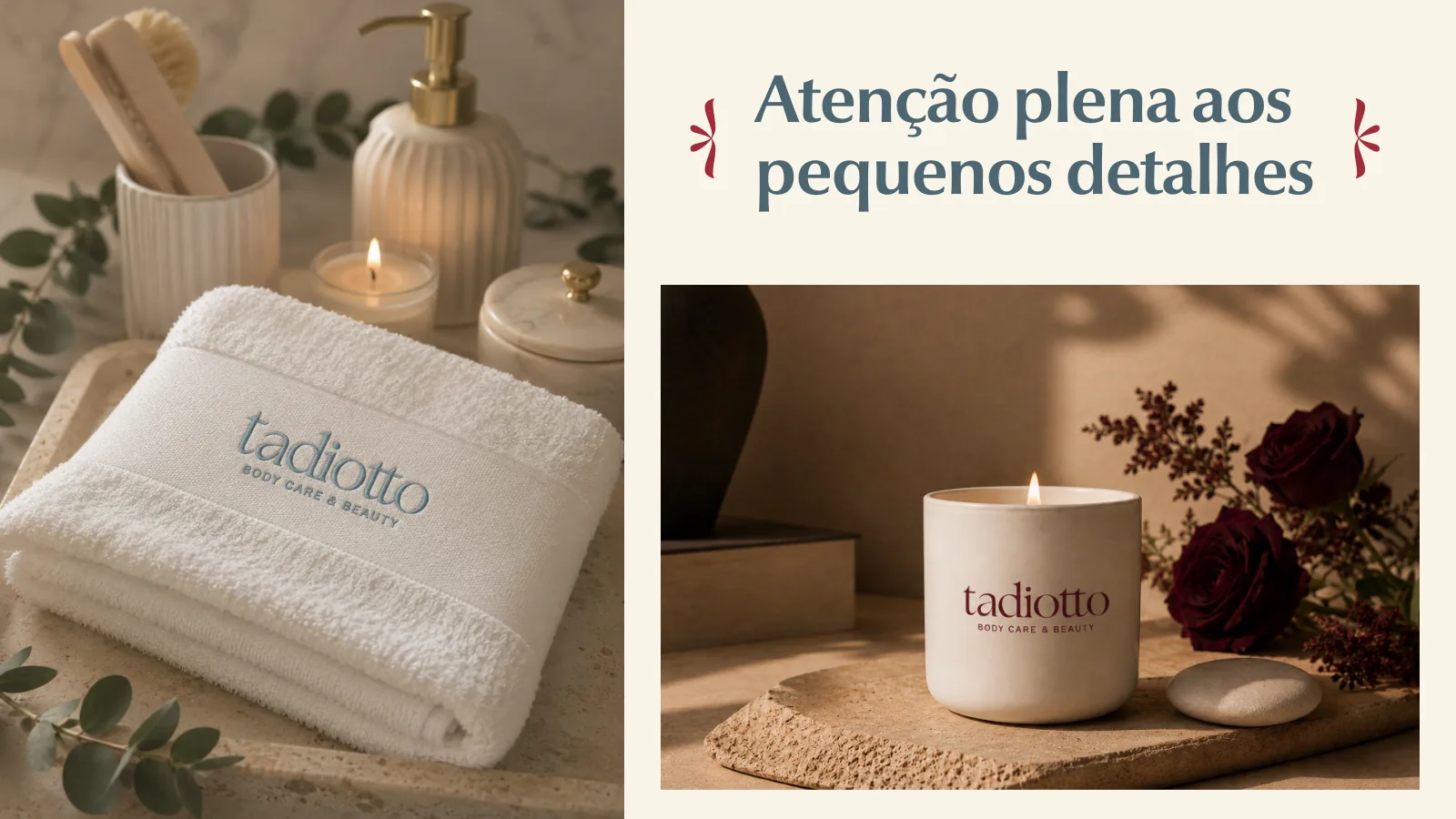 Apresentação da identidade visual da Tadiotto, slide 10 de 11: toalha e vela com a marca