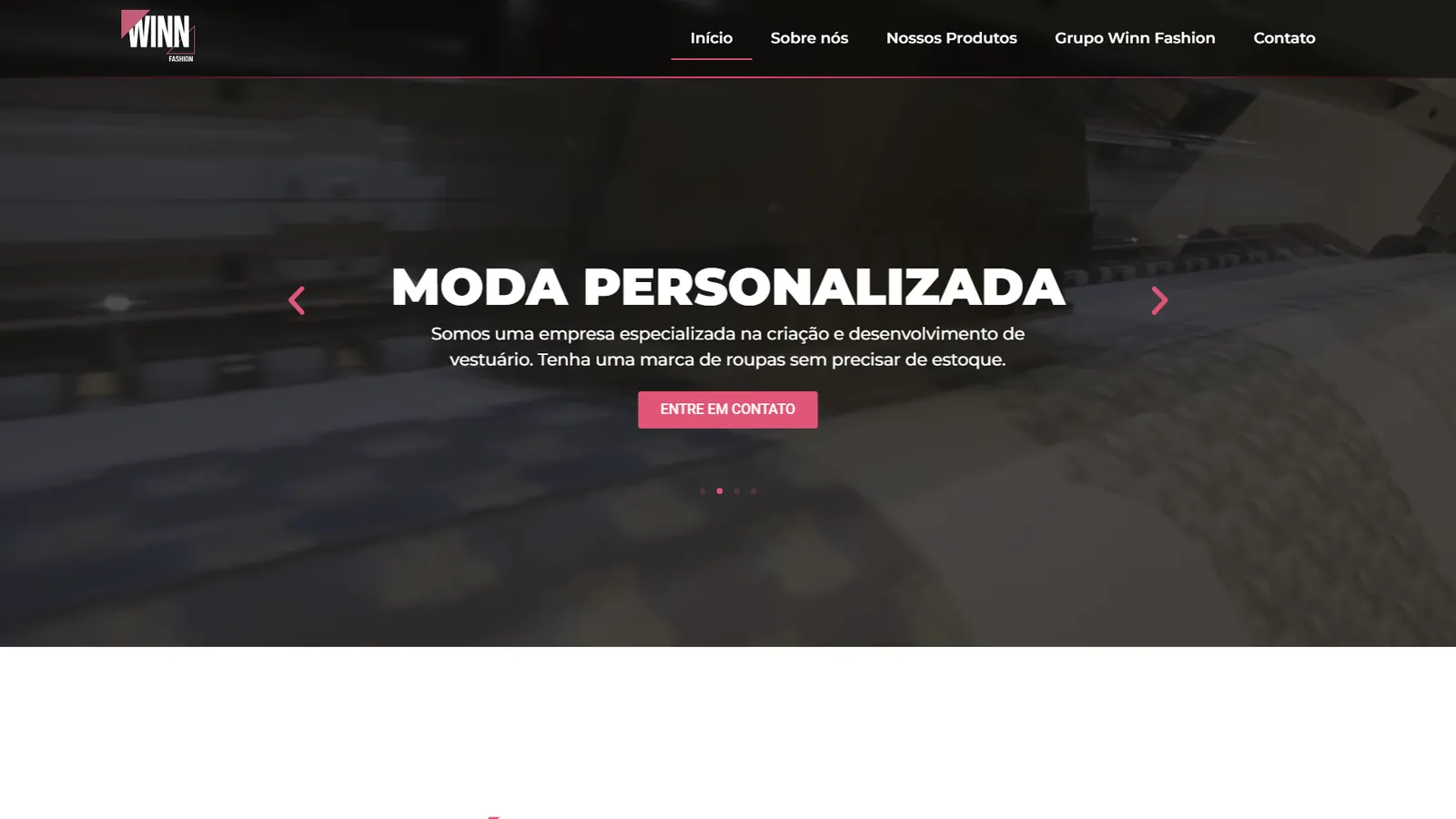 Home do site institucional da Winn Fashion, com a chamada “Moda personalizada”