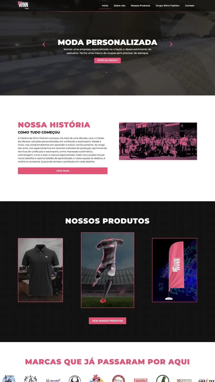 Rolagem da home da Winn Fashion: moda personalizada, a história da empresa e os produtos