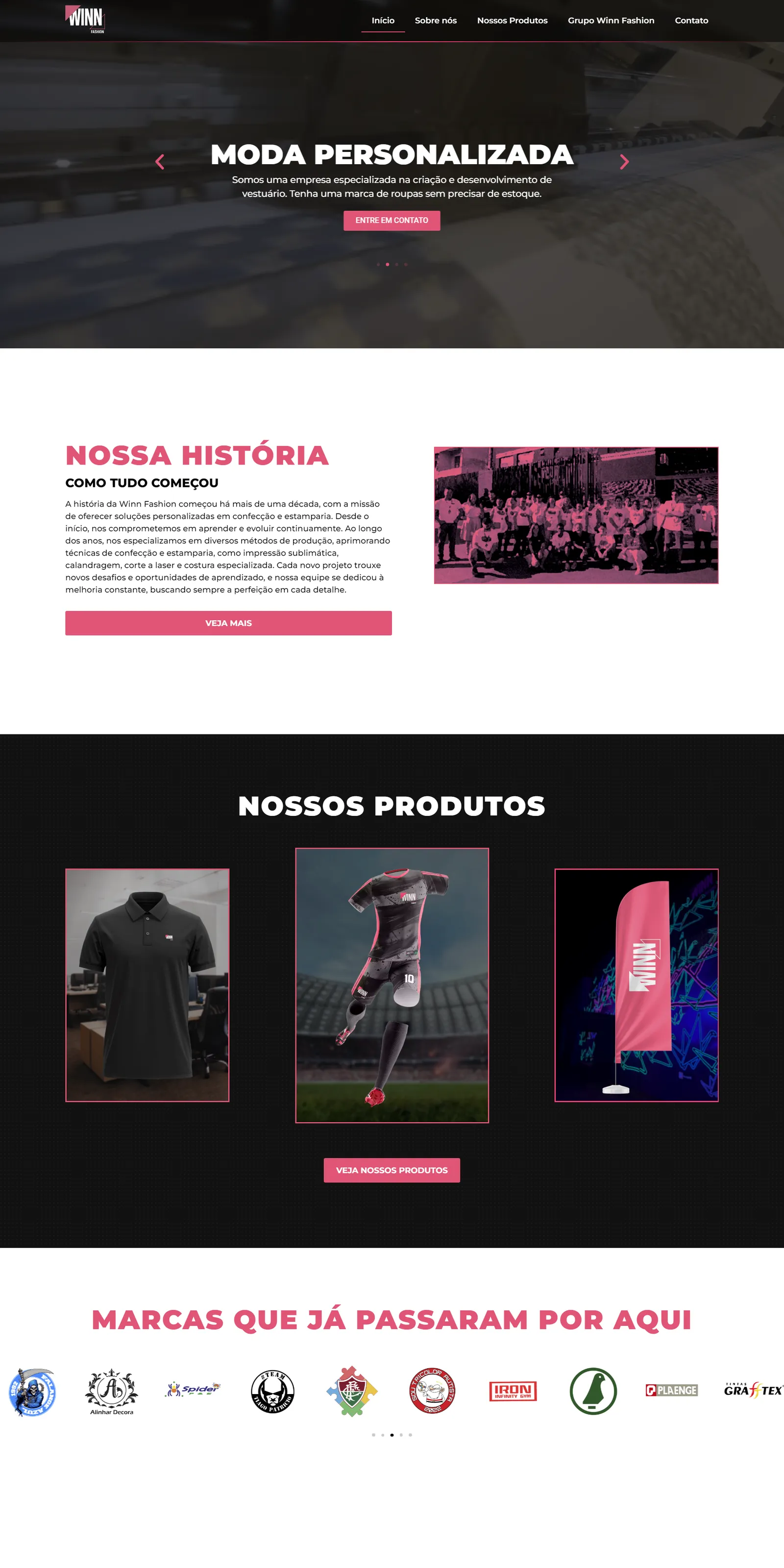 Site da Winn Fashion no computador: moda personalizada, história da empresa e produtos