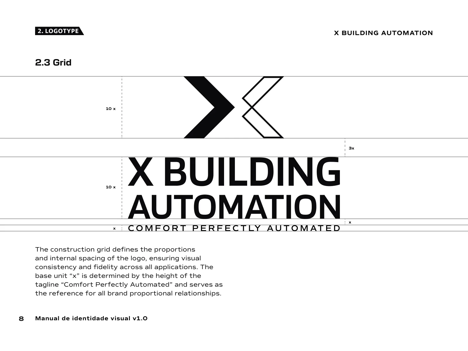 Manual de identidade visual da X-Building Automation: o grid de construção do logotipo