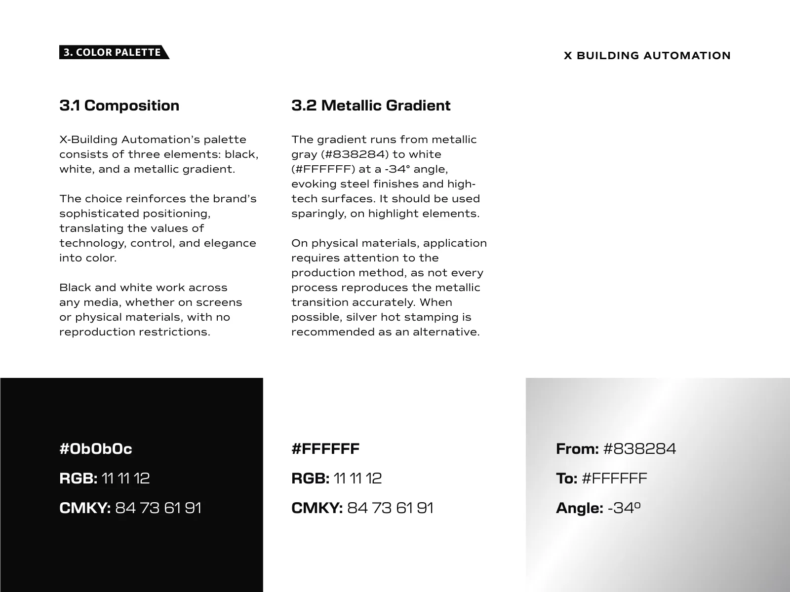 Manual de identidade visual da X-Building Automation: a paleta e o gradiente metálico