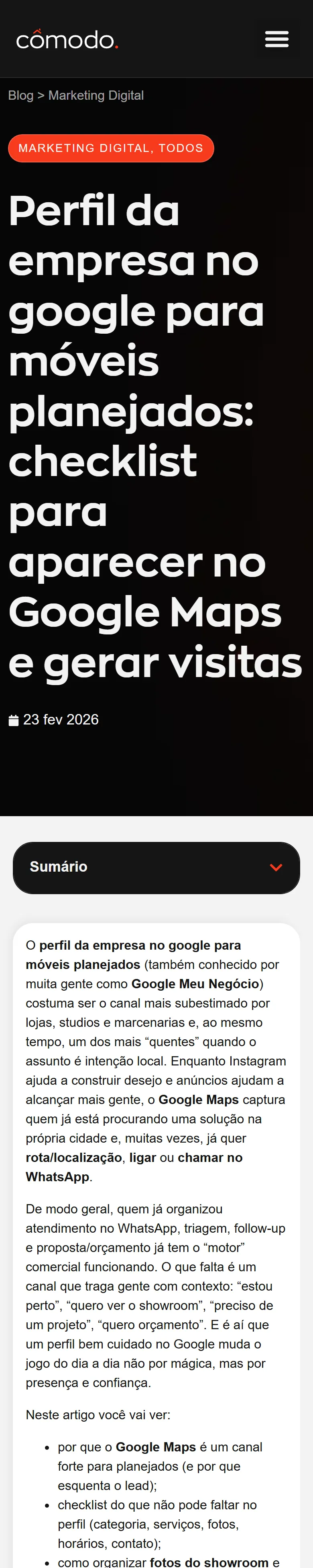 Artigo da Cômodo no celular: checklist do perfil da empresa no Google para aparecer no Maps