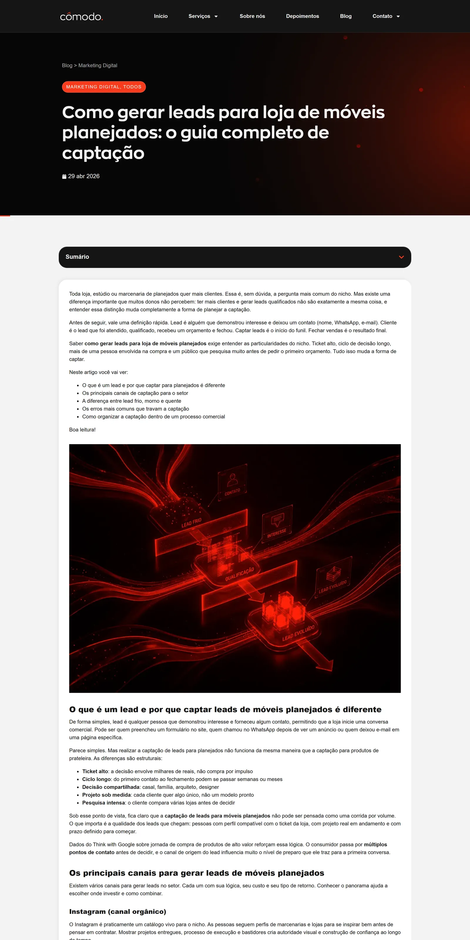 Artigo da Cômodo no computador: guia completo de captação de leads para loja de móveis planejados, com sumário
