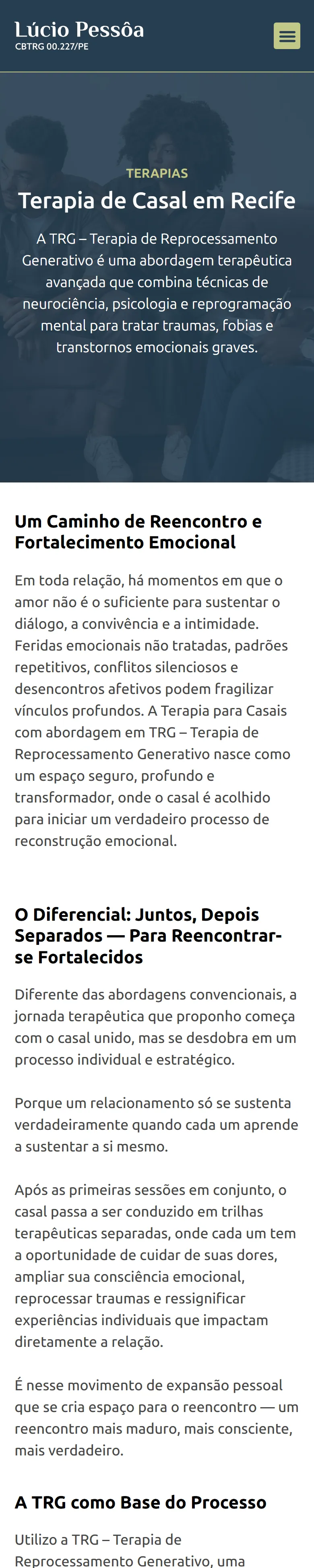 Página de terapia de casal em Recife, do site de Lúcio Pessôa, no celular