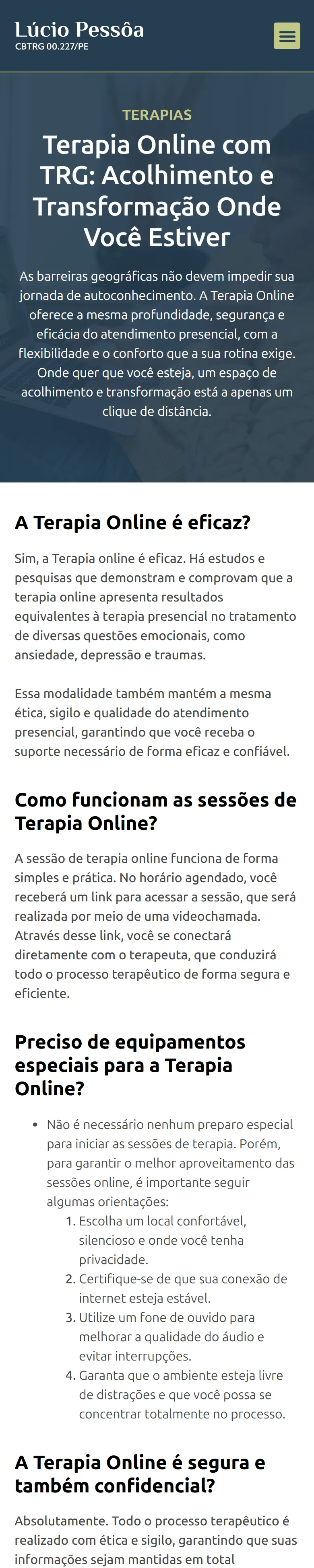 Página de terapia online do site de Lúcio Pessôa no celular, com perguntas frequentes
