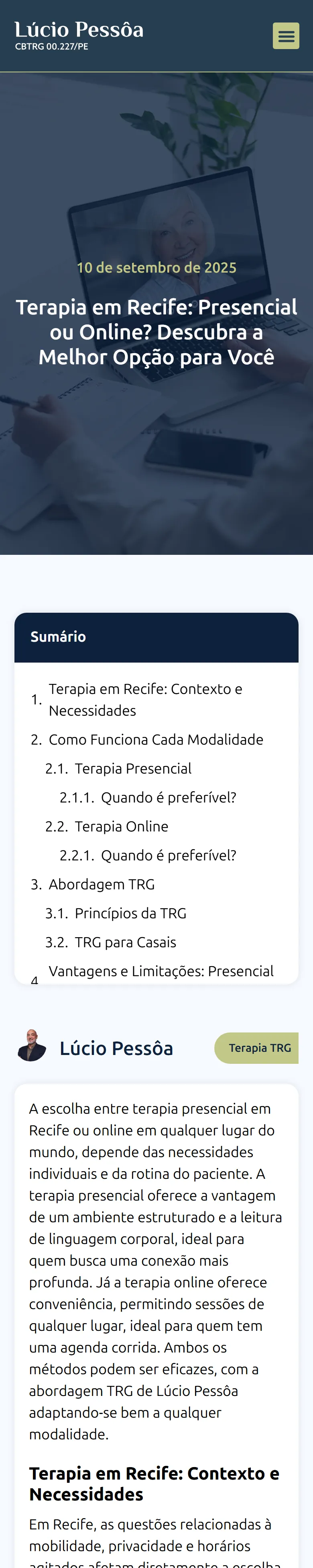 Artigo do site de Lúcio Pessôa no celular: terapia em Recife, presencial ou online, com sumário