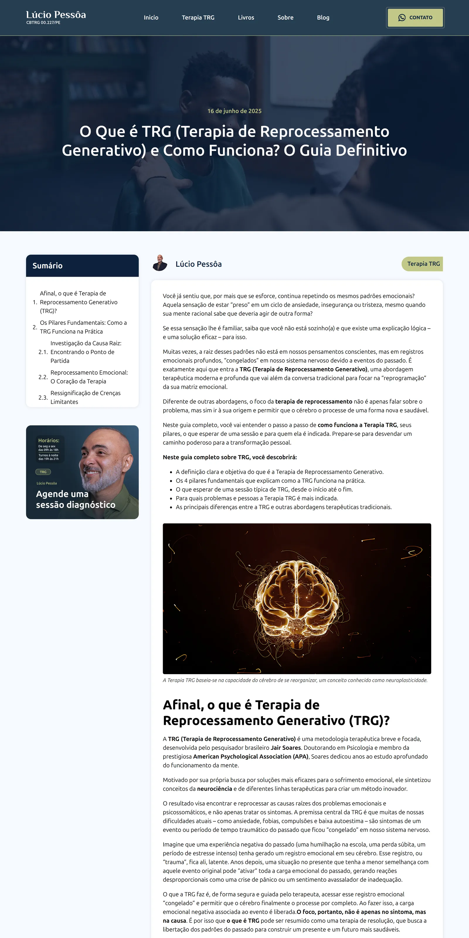 Artigo do site de Lúcio Pessôa no computador: o que é a terapia TRG e como funciona