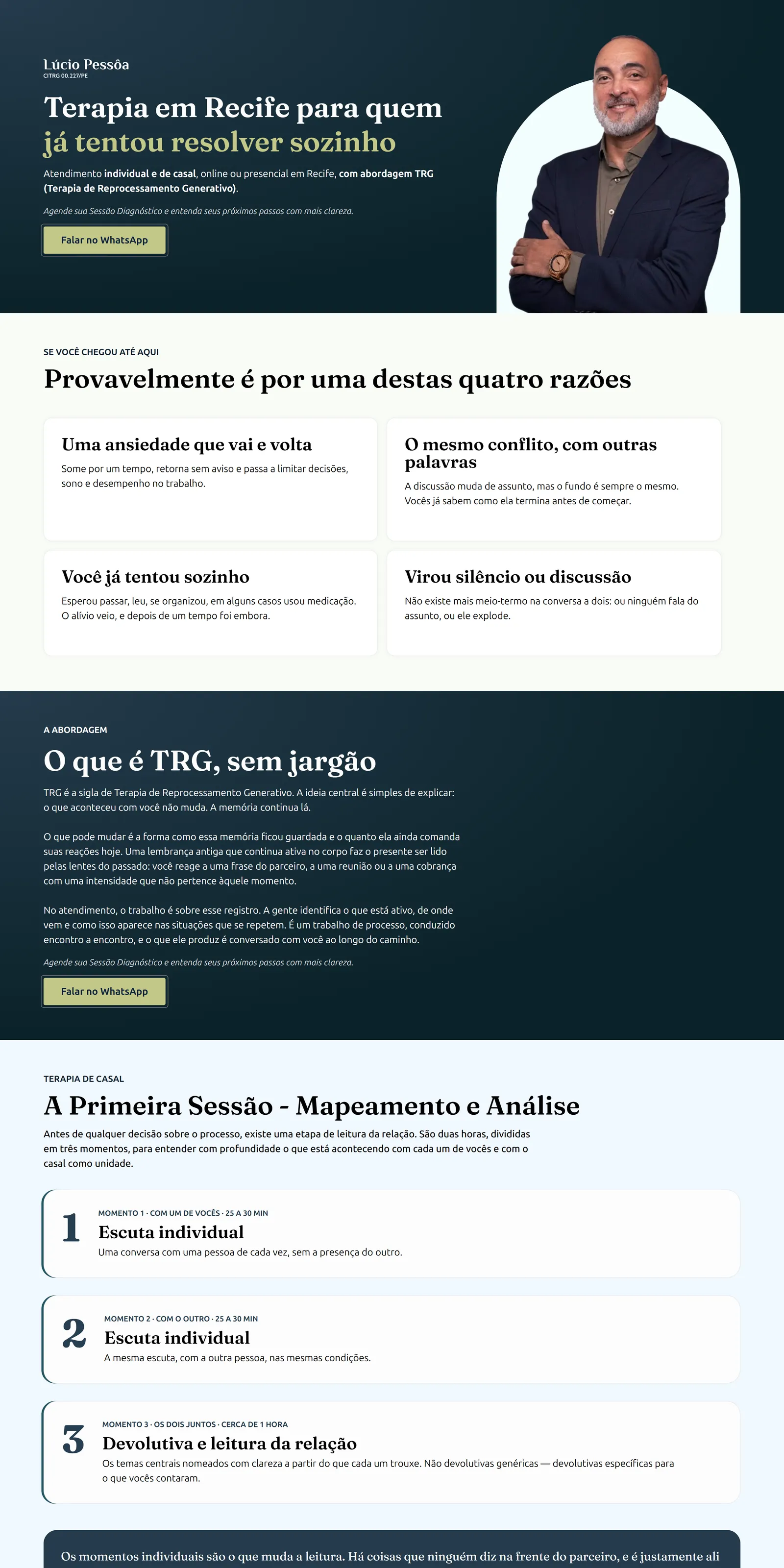 Landing page de campanha de Lúcio Pessôa no computador: terapia em Recife, razões para procurar e botão de WhatsApp