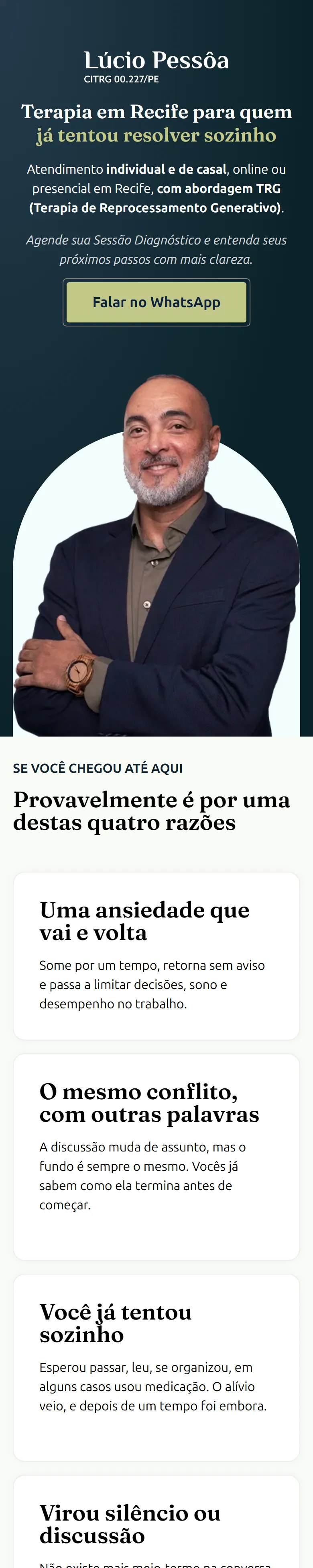 A mesma landing page de campanha no celular, com o botão de WhatsApp logo abaixo do título